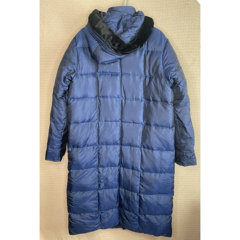 SM2 Womens Size M To L Navy Blue Down‎ Hooded Puffer Long Coat Faux Fur Trim